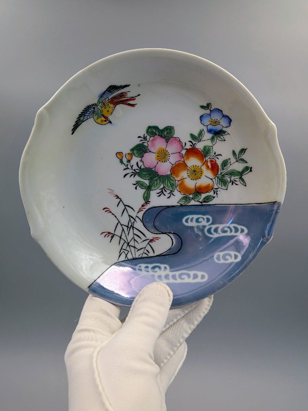 Vintage Hand-Painted Japanese Lusterware Plate – Bird of Paradise & Floral Desig